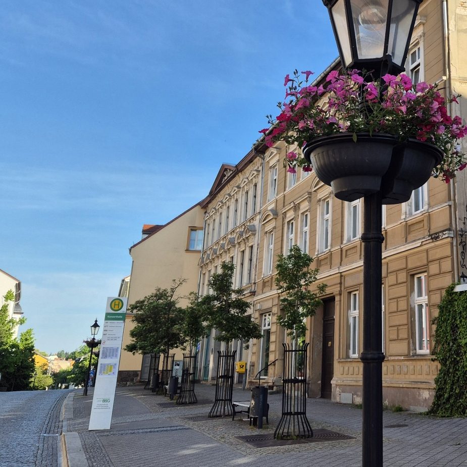 Straßenszene mit historischen Gebäuden, Blumenampeln und einer Laterne.