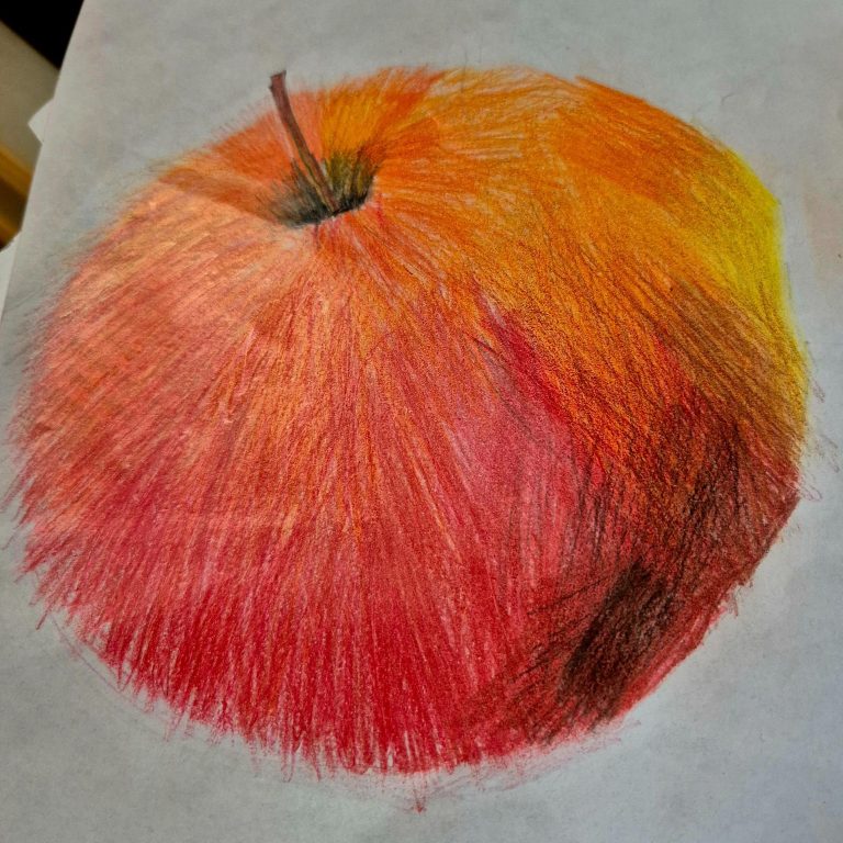 Ein handgezeichneter Apfel in leuchtenden Rot- und Orangetönen.